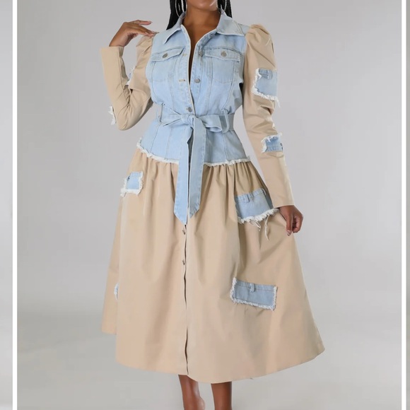 Dresses & Skirts - Chic Denim and Tan Long Sleeve Dress